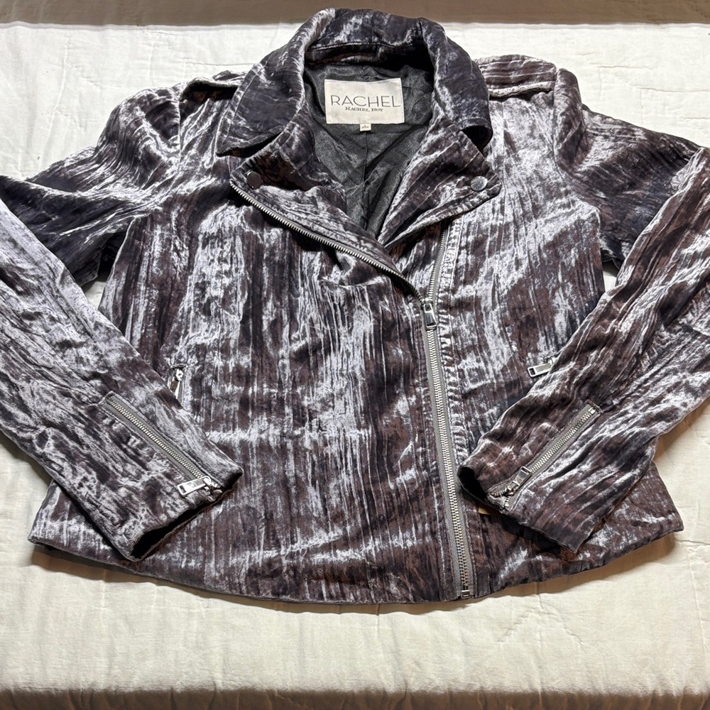 Rachel Rachel‎ Roy Velvet Moto Jacket Womens L Gray Crushed Asymmetrical Zip NWT